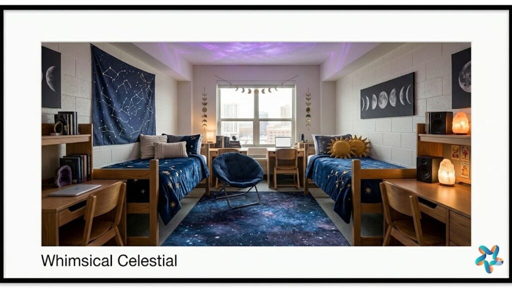 Whimsical Celestial dorm room, view 1