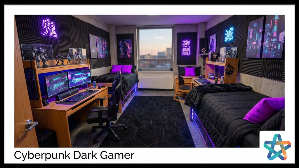 Cyberpunk Dark Gamer dorm room, view 1