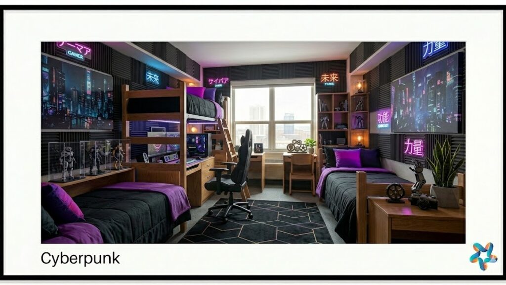 Cyberpunk Dark Gamer dorm room, view 2