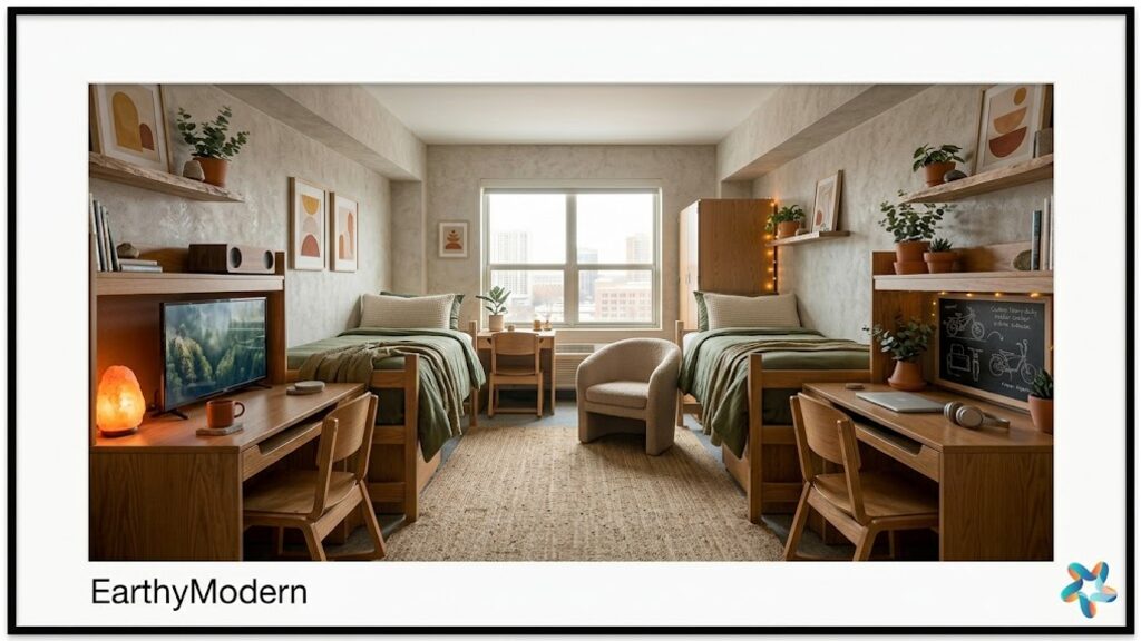 Earthy Modern dorm room, view 1