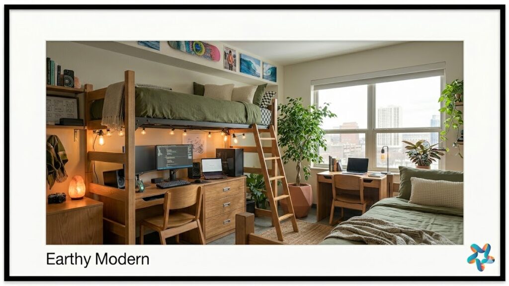 Earthy Modern dorm room, view 2