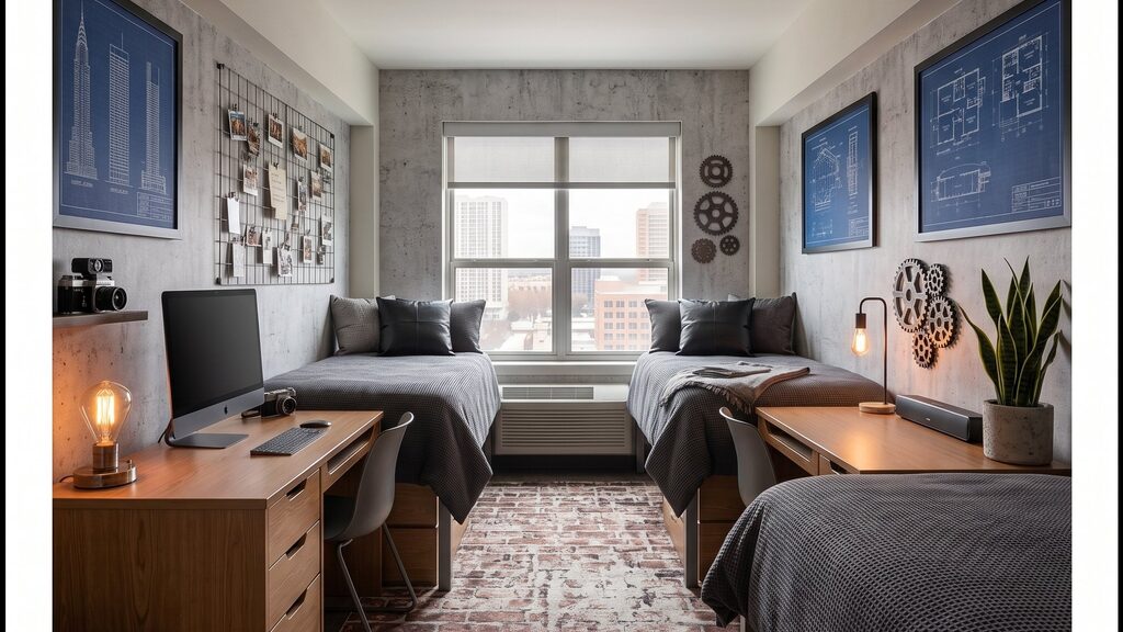 Urban Industrial Loft dorm room, view 1