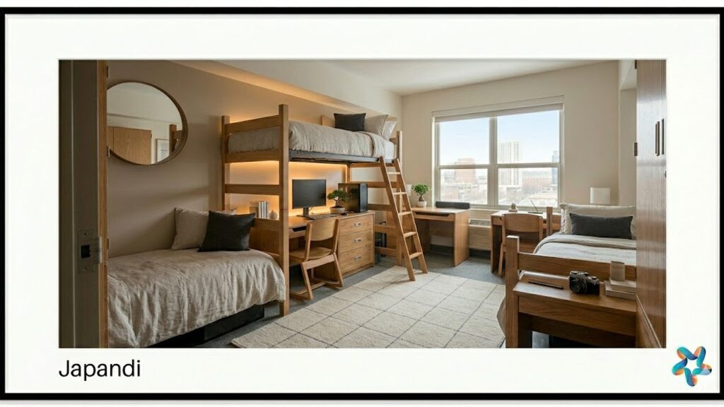 Minimalist Japandi dorm room, view 2