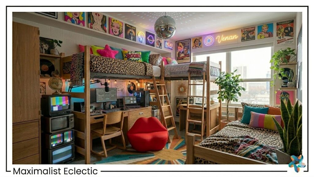 Maximalist Eclectic dorm room, view 2