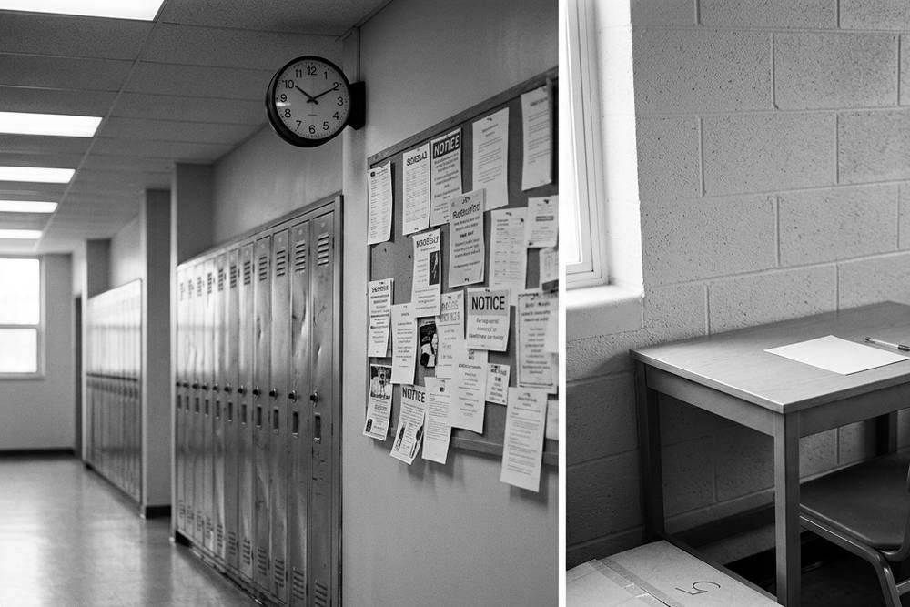 Split image or side-by-side. Left, a high school hallway with bells, posted schedules, a teacher collecting papers. Right, an empty dorm desk with a single syllabus on it