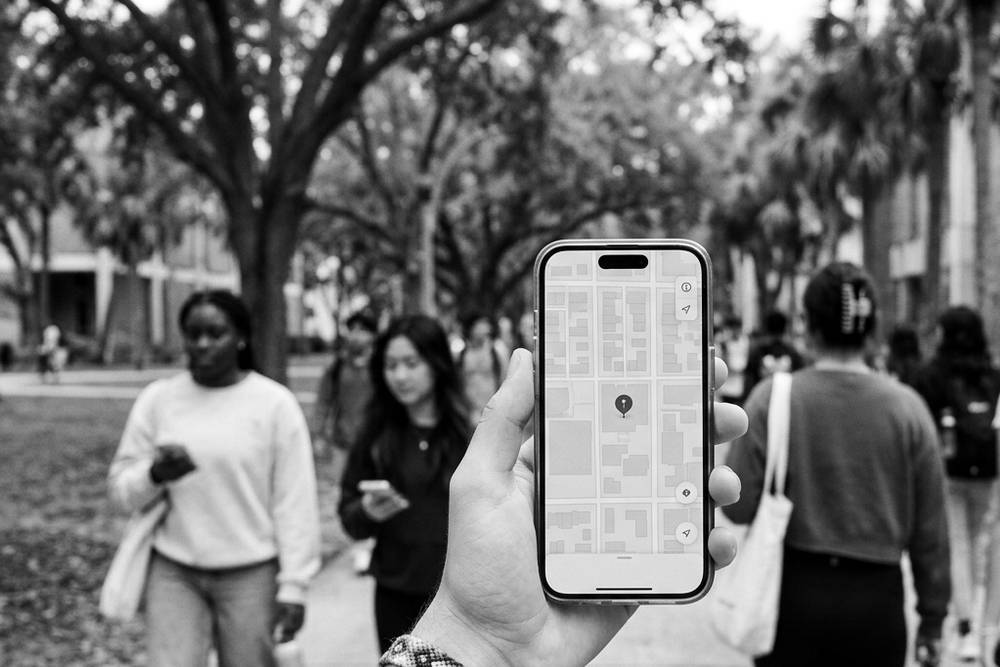 A campus map with a single pin dropped on the counseling center, phone-screenshot style