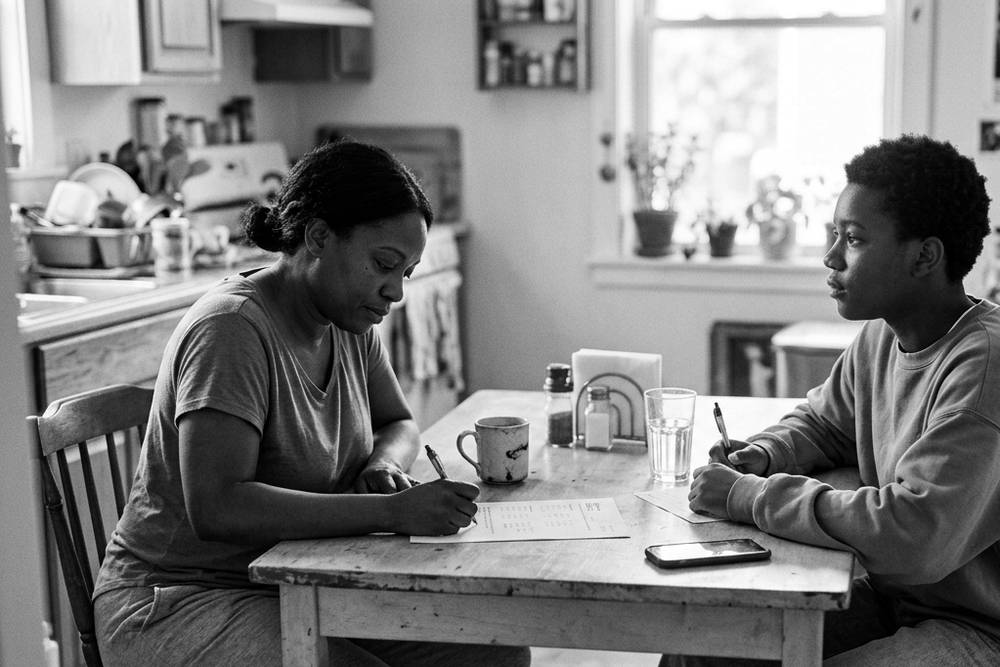 Two people at a kitchen table in summer light, a printed worksheet between them, each with a pen. One column headed 'me,' one headed 'you.'
