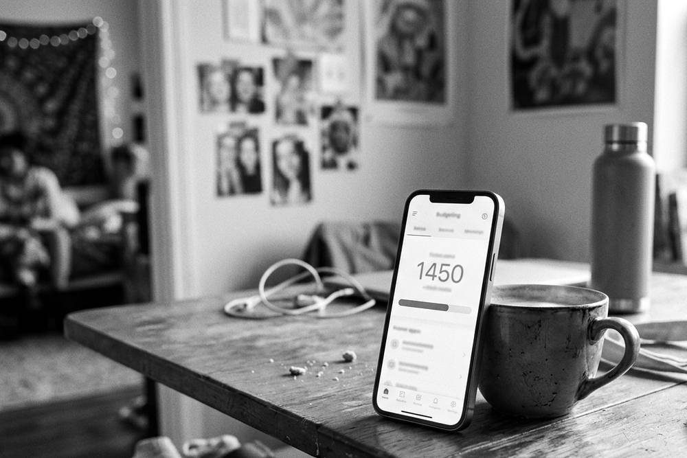 A phone showing a simple weekly tracker at a glance - 'You have $31 left, 4 days to go' - beside a small stack of bills and a coffee cup