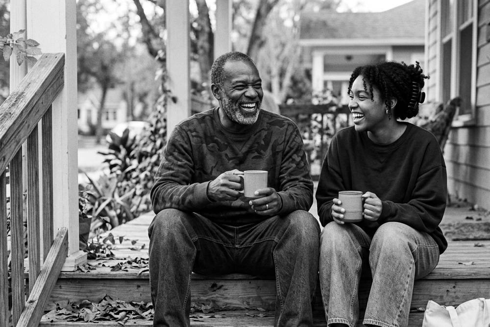 A parent and a young adult on a porch, laughing at something off-frame, both holding mugs